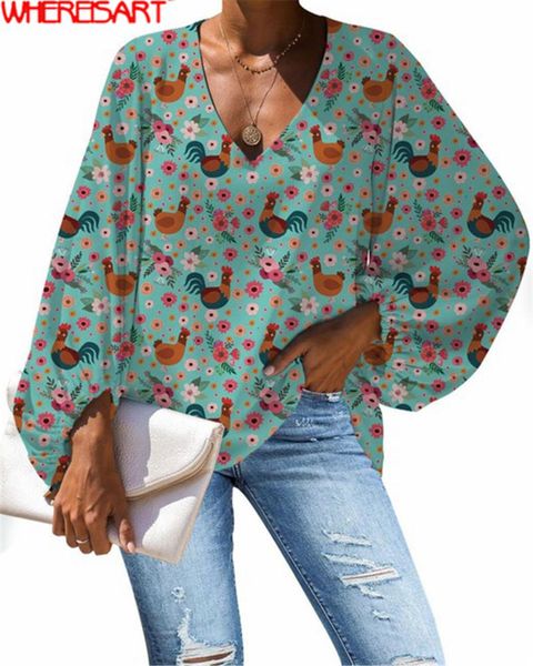 

rooster chicken printed v-neck chiffon blouse puff sleeve female casual shirt large size feminina camisas blusas plus women's blouses &, White
