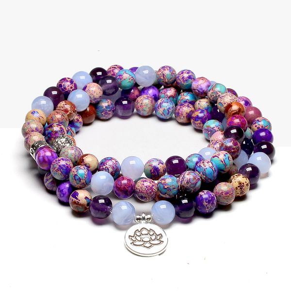 

natural stone 108 mala bead bracelet for women yoga lotus om bracelets meditation healing buddhist yoga lotus charm 8mms, Black