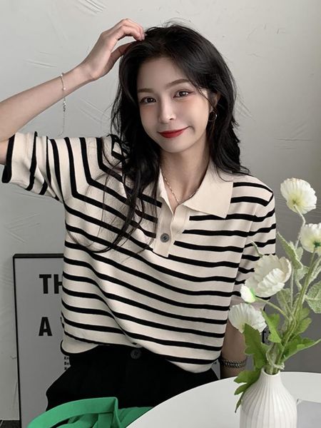 

women's t-shirt striped summer 2021 thin ice silk knitting loose short sleeve slim top, White