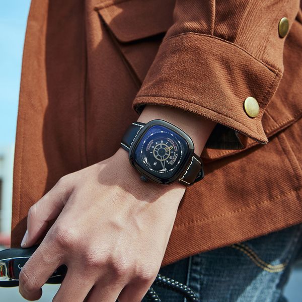 

watch quartz sport punk wind turntable automatic mechanical men's watch square weekly dial, Slivery;brown