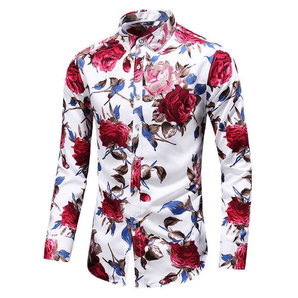 

autumn men slim floral print long sleeve shirts fashion brand party holiday casual dress flower shirt homme plus size 7xl 210708, White;black