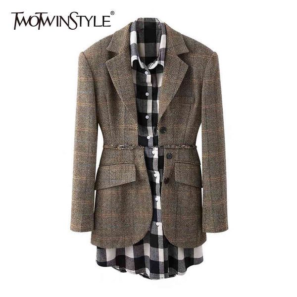 

twotwinstyle patchwork plaid blazer for women notched long sleeve fake two england style coat female autumn fashion 210517, White;black