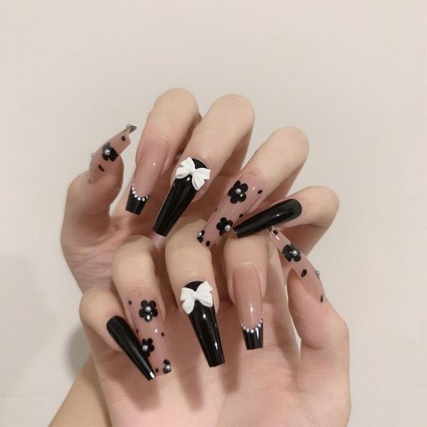 

false nails 24 pcs long love bow design ballet coffin fake cute flowers artificial plastic press on nail tips manicure art, Red;gold