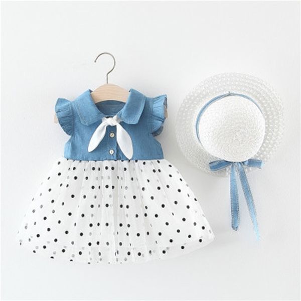 Yaz Elbiseleri Kızlar Yılı Denim Mesh Polka Dot Dikiş Elbise Bebek Kız Giysileri 210528