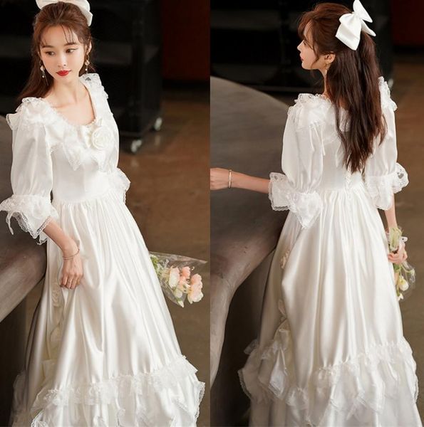 

other wedding dresses 3190# vintage roun neck satin ankle length lace half sleeve bridal dress arabic gowns vestido novia, White