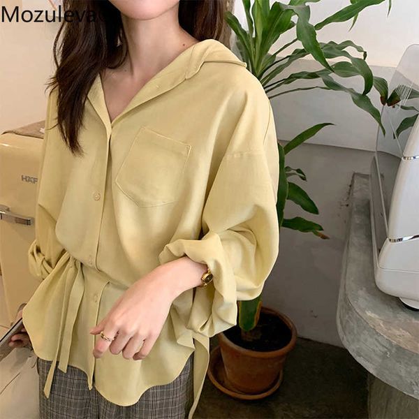 

mozuleva summer casual sashes belted women blouses shirts single-breasted loose female shirts vintage solid women 210706, White