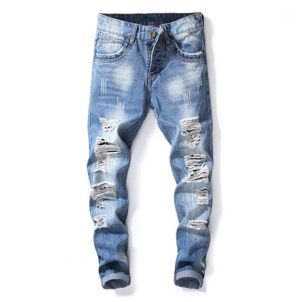 

men's jeans skinny fashion ripped large size casual slim straight pants, Blue