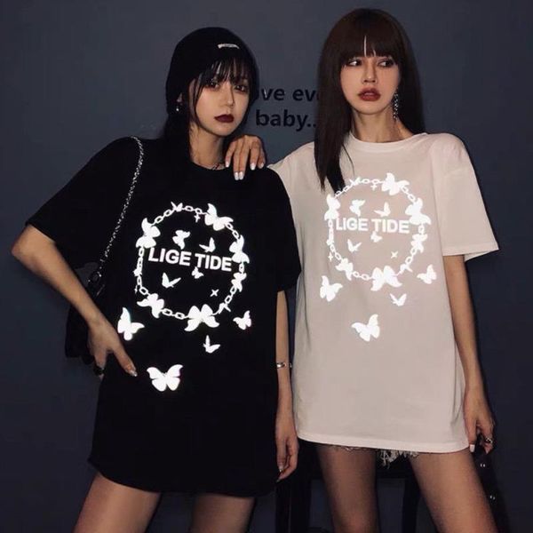 

women's t-shirt harajuku women butterfly circle chain reflective print t-shirts fashion summer short sleeve casual tee shirts night lum, White