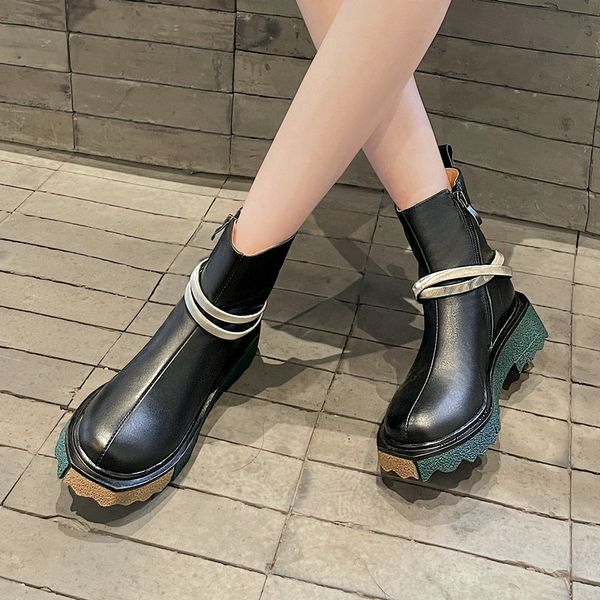 

boots classic women ankle side zipper fashion concise working casual thick heels platforms autumn winter shoes woman b1fm, Black
