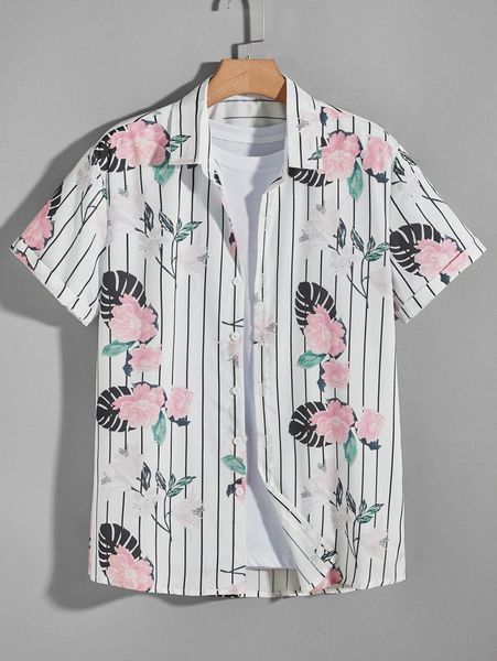 

men floral & striped print hawaiian shirt j1xv#, White;black