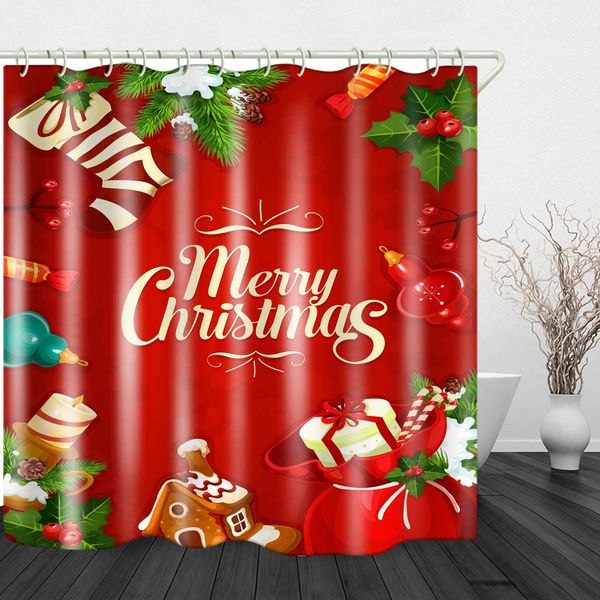 

red christmas elements print waterproof fabric shower curtain liner covered bathtub bathroom curtains includes 12 anti rust