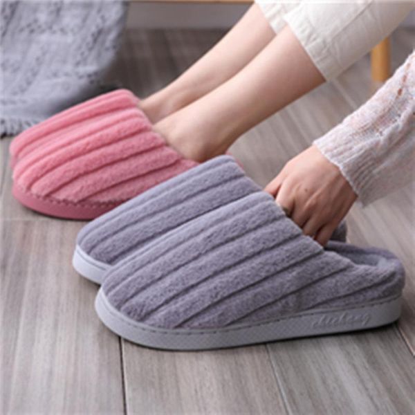 

slippers striped winter soft home indoor shoes for male large size fur plush women warm household cotton, Black