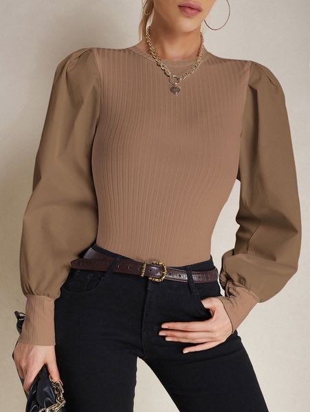 

puff sleeve ribbed knit f2dz#, White