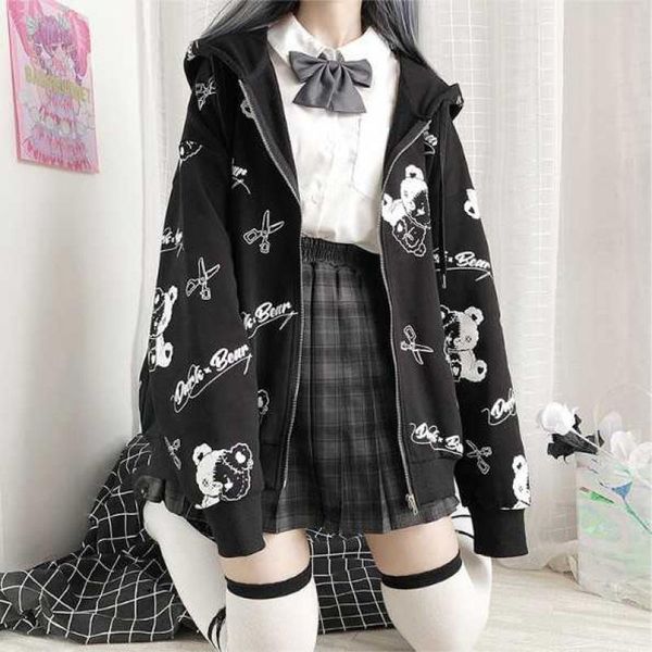 

gothic sweatshirt women fashion autumn winter clothes hoodies korean long sleeve zip up hoodie plus velvet warm pullover women's & swea, Black