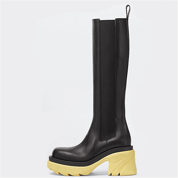 

boots fanyuan autumn winter fashion concise women knee-high round toe genuine leather thick heels casual platforms shoes woman, Black