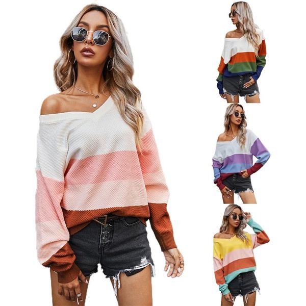 

women's sweaters women autumn long sleeve knitted sweater v-neck drop shoulder pullover classic color block stripes casual loose j, White;black