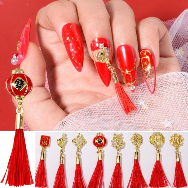 

nail art decorations luxury crystal charms red tassel manicure year chinese knot jewelry 3d rhinestones, Silver;gold
