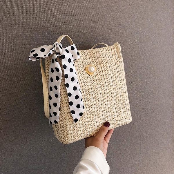 

evening bags straw small bag female 2021 summer forest woven silk scarf bucket girl messenger pearl beach shoulder hand