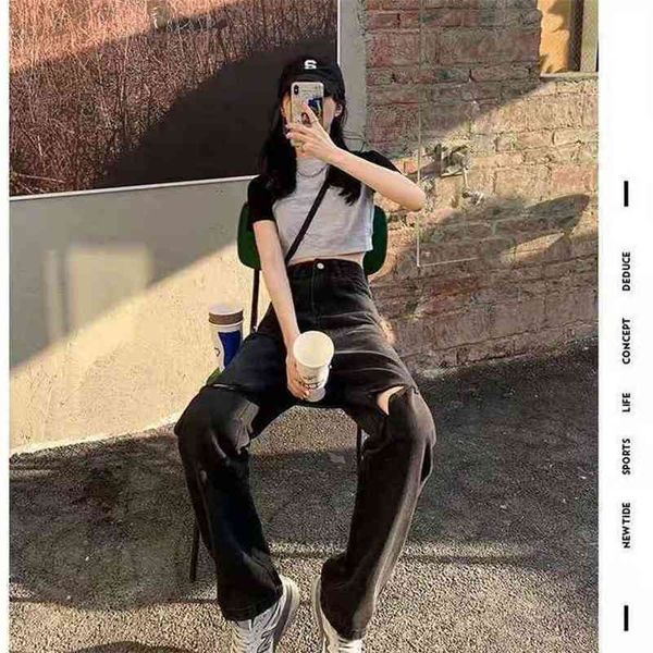 

black high-waist ripped straight-leg jean's spring and autumn loose thin drape wide-leg mopping pants 210809, Blue
