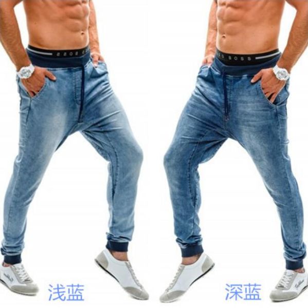 

foreign trade new elastic high waist men's jeans fjn053 explosive threaded waist loose jogging pants men jean nice gift give you, Blue