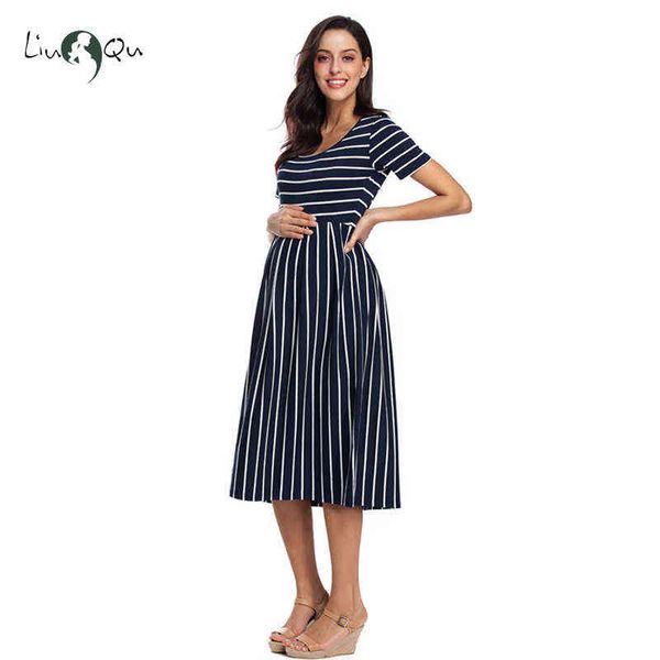 A-Line Striped с коротким рукавом длиной колена родильные платья женщин повседневная беременная одежда мама классические детские душевые платья G220309