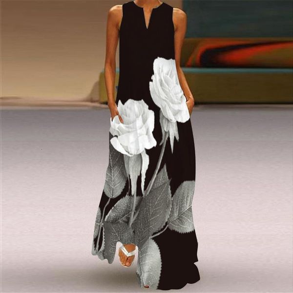 

summer maxi casual loose women dress sleeveless long elegant v neck pocket white rose print boho beach dresses female, Black;gray