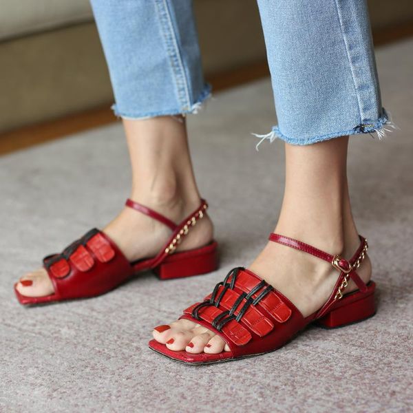 

dress shoes summer women sandals genuine leather square head low heel ankle strap lace up casual fashion zapatos mujer, Black