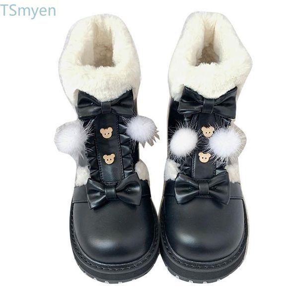 

boots winter japanese lolita pu fluffy round toe kawaii anime cosplay women shoes snow plus velvet warm comfort loli boot, Black