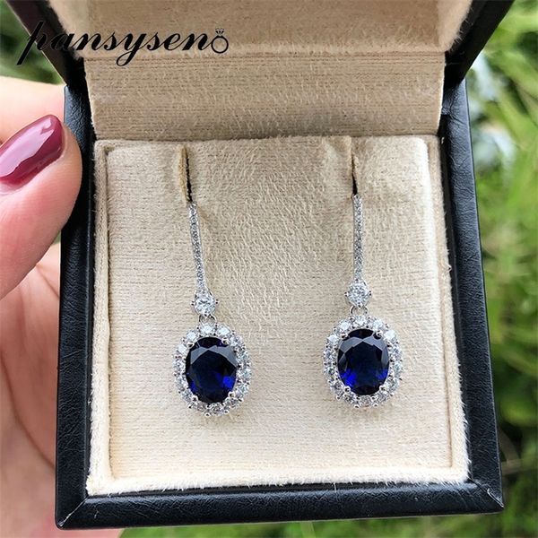 Pansysen Vintage 100% 925 Sterling Prata Oval Corte Sapphire Ruby Criado Moissanite Gota Dangle Brincos Atacado Jóias Fine 210317