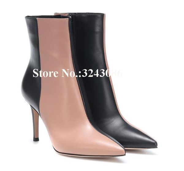 

boots fashion pink black mixed color short women pointed toe stiletto heel leather ankle lady large size banquet shoe