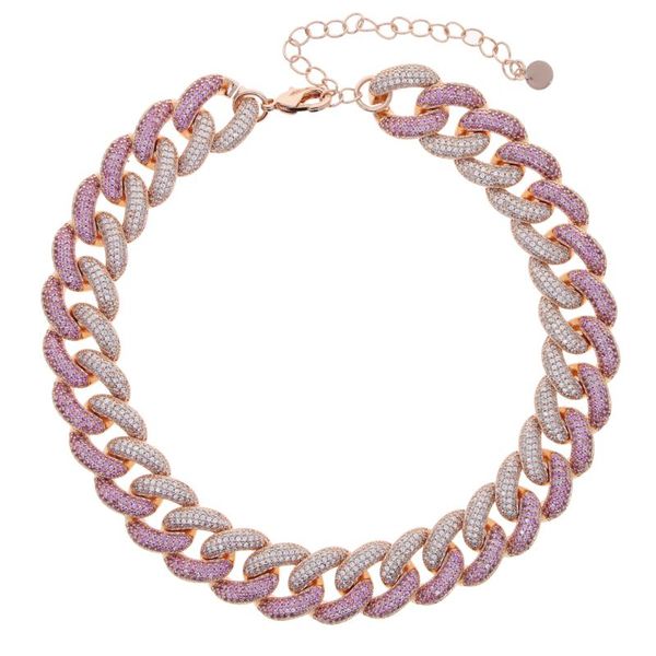 

chokers hip hop wide 16mm rose gold color miami cuban link chain with white pink 5a cz paved heavy choker necklace jewelry for women, Golden;silver