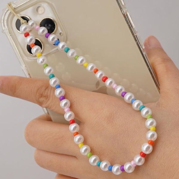 

link, chain lovely white pearl women's stort handphone strap colorful beaded hanging cord accessories beads lanyard for party, Black