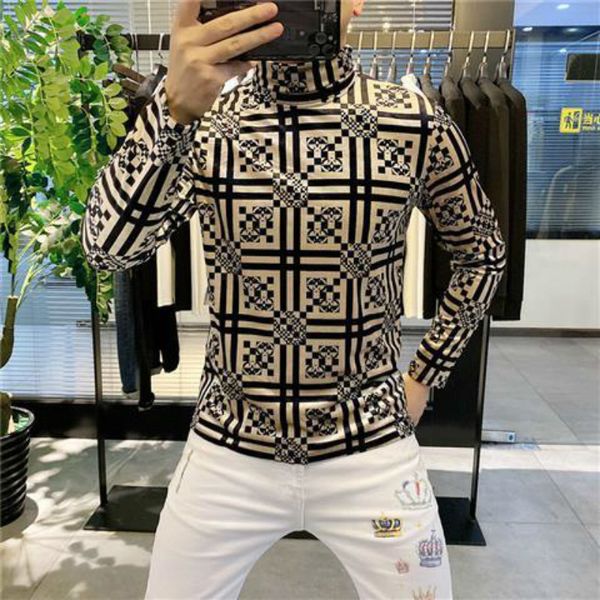 

tee 2021 new luxury european men's autumn and winter long-sleeved t-shirt high-necked plus veet thick korean slim bottoming shirt, White;black