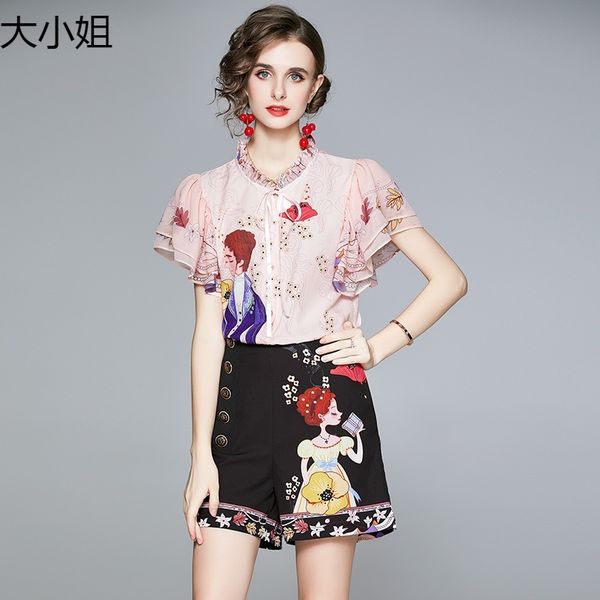 

-girly sense of wearing shorts suits, summer printed chiffon shirt, age-reducing fashion 2-piece set 210525, White