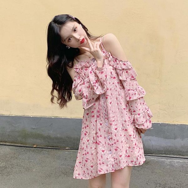 

casual dresses sweet beauty temperament thin chiffon mini-dress summer ruffles long sleeve off shoulder slash neck flower print vestidos, Black;gray