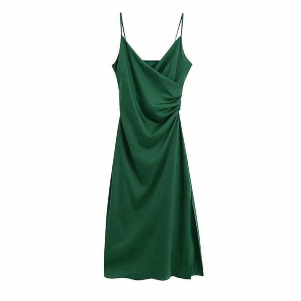 

casual dresses yenkye vintage green draped dress women v neck sleeveless satin long female summer night out party vestido, Black;gray
