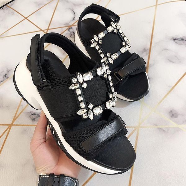 

women square buckle sandals trend casual rhinestone shoes girls summer platform hook & loop ladies woman 2021 new hop999, Black