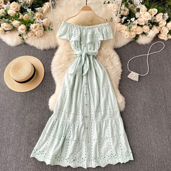 

casual dresses singreiny off shoulder ruffles dress women slash neck single breasted a-line summer chic hollow vacation midi, Black;gray