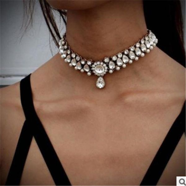 

ingesight.z imitation pearl round circle choker necklaces luxury shiny rhinestone crystal short collar clavicle necklace jewelry chains, Silver