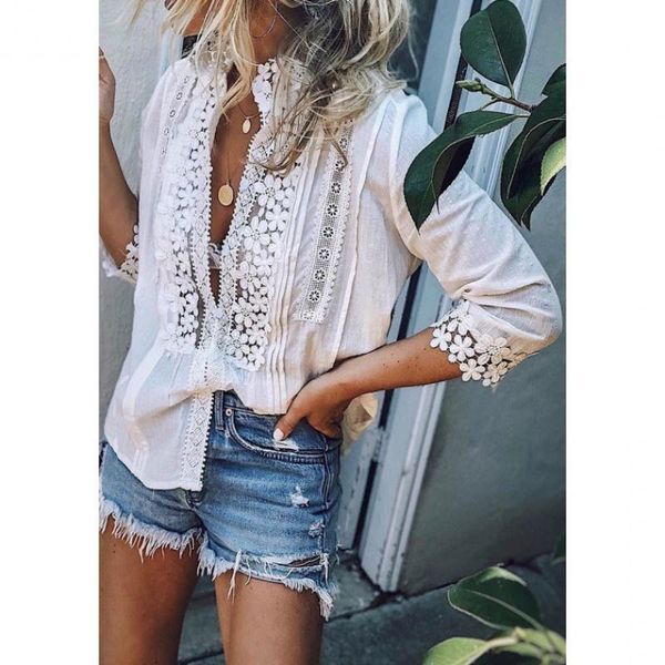 

summer white casual fashion three-quarter sleeve beach women's clothing shirts for women a148 polos