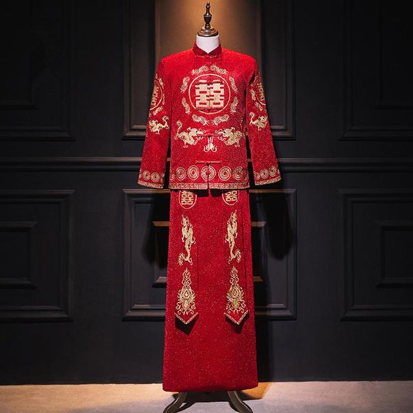 

dragon embroidery bridegroom wedding clothing chinese style marriage set vintage men costume tang suit qipao for ethnic, Red