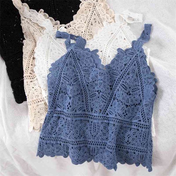 

summer sweet short style lace vest crop women hollow out fashion camis vacation beach knitted loosewomens tank 210625, White