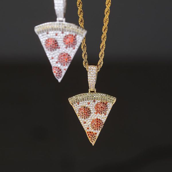 

pendant necklaces red cubic zirconia bling iced out geometric triangle pizza pendants necklace for men hip hop rapper jewelry gifts rose, Silver