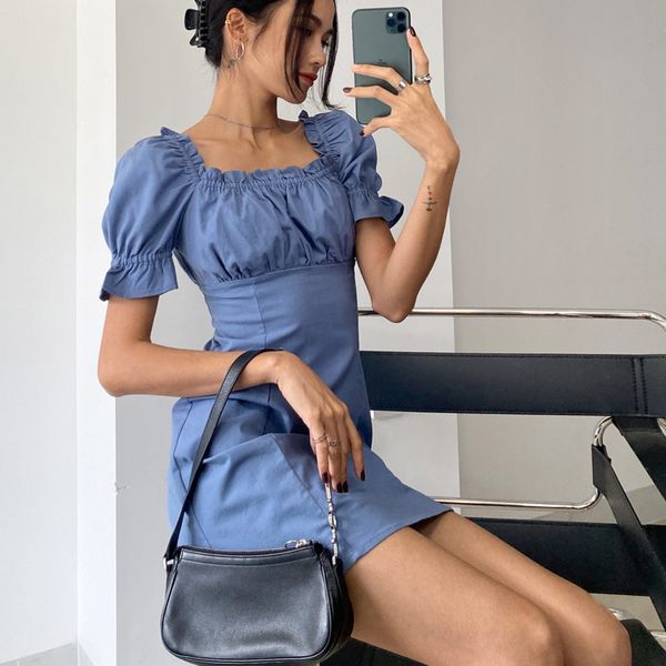 

women's knits & tees french style square neck slim waist women dress summer solid puff sleeve mini high backless a line nl1x, White