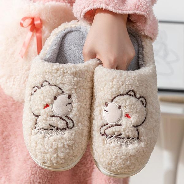 

slippers winter indoor home hairy cozy memory foam warm shoes couples cartoon bear slides plush lining cotton women's, Black
