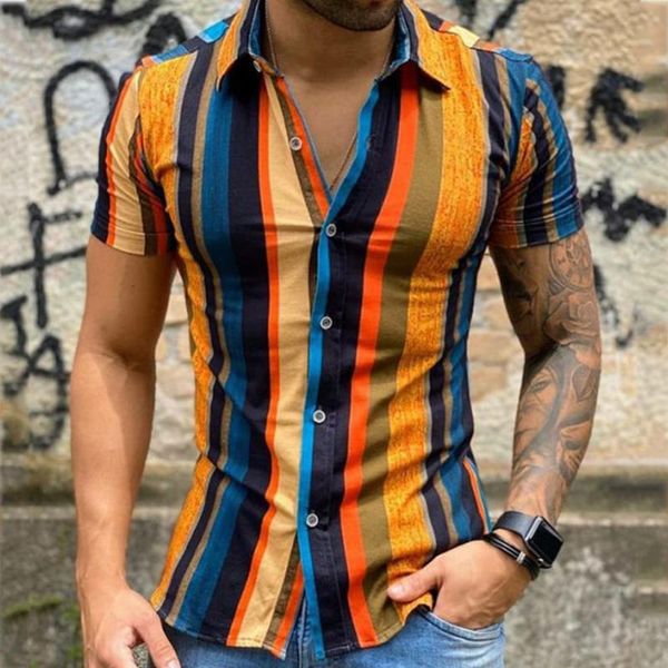 

men's casual shirts men vintage striped print cardigan fashion mens shirt summer streetwear short sleeve turn-down collar button, White;black