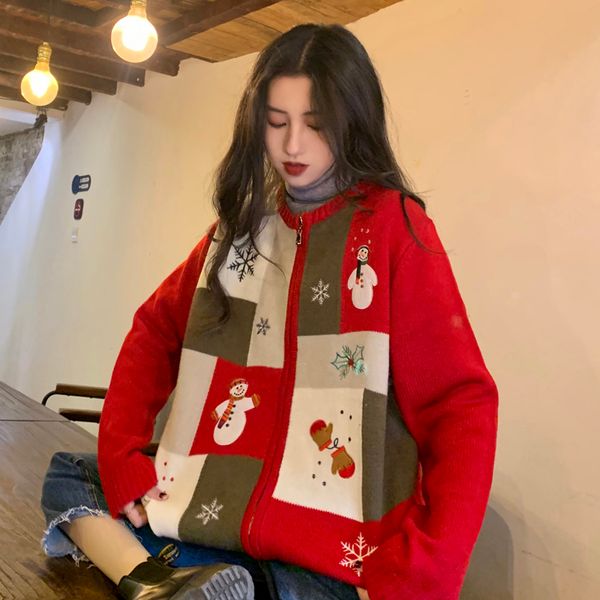 

2 colors autumn winter korean style embroidery christimas zipper thick knittd cardigans womens sweaters womens (C9616), White;black
