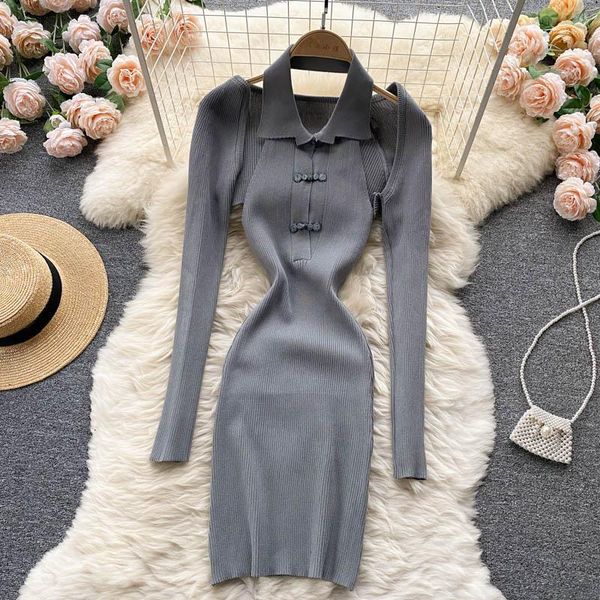 

casual dresses women autumn winter knitted set dress long sleeve cardigan+backless bodycon halter two piece suit design korean, Black;gray