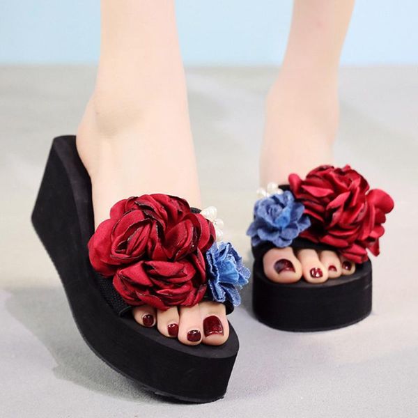 

slippers 2021 diy bohemia floral beach sandals wedge platform thongs flip flops summer shoes woman handmade women b210, Black