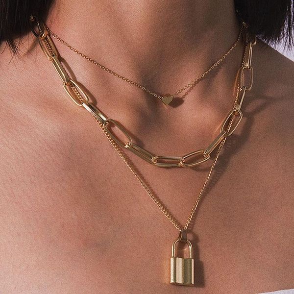 

exaggerated punk vintage metal multi-layer chain necklace for women retro heart lock charms pendant choker jewelry necklaces, Silver